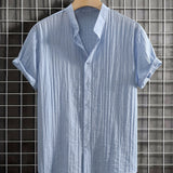 Riolio 1pc Men'S Summer Solid Color Semi-Transparent Short Sleeve Casual Stand Collar Shirt, Fashionable Versatile Lyocell 83% Nylon 17% Woven Fabric, Regular Fit for Beach Vacation Pool Party