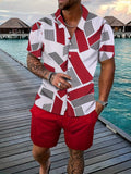 Riolio Men's Geometric Pattern Print Collar Short Sleeve Shirt and Solid Color Shorts Casual Two-Piece Set