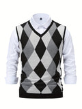 Riolio Men's Argyle Graphic Print Knitted Sleeveless Sweater, Casual V Neck Vest For Outdoor Activities