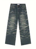 Riolio Men's Vintage Loose Fit Jeans - Cotton Blend, Striped Pattern, Casual Street Dance Party Ripple Denim Pants