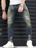 Riolio Men's Jeans, Stretch Denim Feet, Ripped, Craftsmanship, Slim, Dark Blue, Worn Men's Pants, Suitable for All Seasons