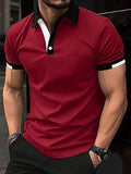 Riolio Men's Button Up Polos Golf Shirt Casual Holiday Ribbed Polo Collar Short Sleeve Fashion Basic Solid Color Patchwork Summer Regular Fit Black White Red Blue Brown Green Button Up Polos