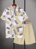 Riolio Men's Geometric Pattern Print Collar Short Sleeve Shirt and Solid Color Shorts Casual Two-Piece Set