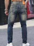 Riolio Men's Jeans, Stretch Denim Feet, Ripped, Craftsmanship, Slim, Dark Blue, Worn Men's Pants, Suitable for All Seasons