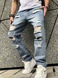Riolio [Vintage Ripped Faux Denim Pants] 1pc Vintage Ripped Faux Denim Pants - Loose Fit, Solid Color, Non-Stretch Fabric, All-Season Casual Hip Hop Distressed with Raw Wash Detail