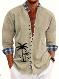 Riolio [One Beige Tropical Print Shirt] Men's Tropical Coconut Tree Print Casual Shirt - Beige, Stand Collar, Button-Up, Polyester, Machine Washable