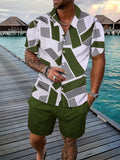 Riolio Men's Geometric Pattern Print Collar Short Sleeve Shirt and Solid Color Shorts Casual Two-Piece Set