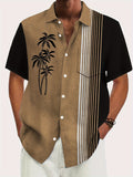 Riolio Plus Size Men's Vintage Palm Tree Stripe Print Striped Short Sleeve Shirt With Pocket, Retro Style