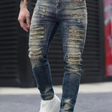 Riolio Men's Jeans, Stretch Denim Feet, Ripped, Craftsmanship, Slim, Dark Blue, Worn Men's Pants, Suitable for All Seasons