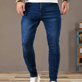 Riolio Men's Slim-Fit Stretch Jeans - Casual Solid Blue Denim, Soft Cotton Blend, Straight Leg with Slant Pockets, Ideal for Business or Casual Attire