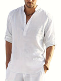 Riolio Men'S Casual Linen Roll Up Long Sleeve Shirt Cotton Shirts Henley T-Shirt Collar Vacation Tops