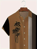 Riolio Plus Size Men's Vintage Palm Tree Stripe Print Striped Short Sleeve Shirt With Pocket, Retro Style