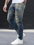 Riolio Men's Jeans, Stretch Denim Feet, Ripped, Craftsmanship, Slim, Dark Blue, Worn Men's Pants, Suitable for All Seasons