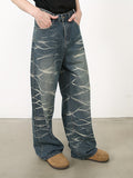 Riolio Men's Vintage Loose Fit Jeans - Cotton Blend, Striped Pattern, Casual Street Dance Party Ripple Denim Pants