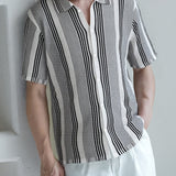 Riolio New Striped Color-Blocked Shirt for Spring And Summer, Men'S Casual Knitted Short-Sleeve Shirt, Simple And Stylish Breathable Beach Shirt.