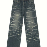 Riolio Men's Vintage Loose Fit Jeans - Cotton Blend, Striped Pattern, Casual Street Dance Party Ripple Denim Pants