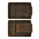 Riolio [Slim Wallet with Magnetic Clip] Vintage Style Men's Slim Wallet, Top Layer Cowhide Leather with Polyamide, Solid Color, Buckle Detail, Non-Braided Weave, with Magnetic Money Clip and Card Holder, Leather Wallet
