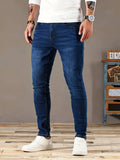 Riolio Men's Slim-Fit Stretch Jeans - Casual Solid Blue Denim, Soft Cotton Blend, Straight Leg with Slant Pockets, Ideal for Business or Casual Attire