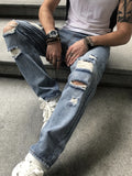Riolio [Vintage Ripped Faux Denim Pants] 1pc Vintage Ripped Faux Denim Pants - Loose Fit, Solid Color, Non-Stretch Fabric, All-Season Casual Hip Hop Distressed with Raw Wash Detail