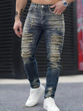 Riolio Men's Jeans, Stretch Denim Feet, Ripped, Craftsmanship, Slim, Dark Blue, Worn Men's Pants, Suitable for All Seasons