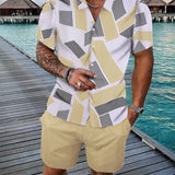 Riolio Men's Geometric Pattern Print Collar Short Sleeve Shirt and Solid Color Shorts Casual Two-Piece Set