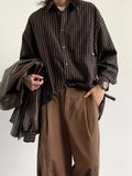 Riolio Vintage Lapel Collar Polyester Long Sleeve Striped Shirt, Single Breasted Placket, Regular Fit, Weekend Casual, for Men and Women