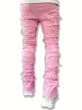 Riolio Men's Y2K Stacked Straight Leg Jeans - Distressed Ripped Details, Loose Fit Hip Hop Streetwear Denim Pants, Solid Color All-Season Casual Outfits, Streetstyle Clothing, Layered Denim Look, Durable Denim Fabric