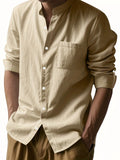 Riolio Casual Stand Collar Long Sleeve Breathable Pocket Button Shirt for Men, Spring/Fall