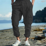 Riolio Men's Cargo Pants Linen Pants Trousers Summer Pants Beach Pants Drawstring Elastic Waist Multi Pocket Plain Comfort Breathable Full Length Casual Daily Holiday Fashion Classic Style Black White