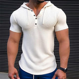 Riolio Men's Waffle Knit Tee Tee Top Solid Color Hooded Outdoor Street Short Sleeve Button Hooded Clothing Apparel Daily Casual