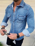 Riolio Men's Shirt Button Up Shirt Casual Shirt Jeans Shirt Denim Shirt Denim Blue Blue Light Grey Dark Gray Long Sleeve Plain Turndown Daily Vacation Front Pocket Clothing