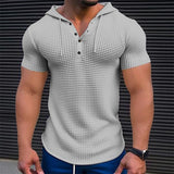 Riolio Men's Waffle Knit Tee Tee Top Solid Color Hooded Outdoor Street Short Sleeve Button Hooded Clothing Apparel Daily Casual