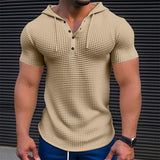 Riolio Men's Waffle Knit Tee Tee Top Solid Color Hooded Outdoor Street Short Sleeve Button Hooded Clothing Apparel Daily Casual