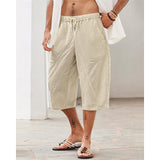 Men's Linen Shorts Summer Shorts Beach Shorts Pocket Drawstring Elastic Waist Plain Comfort Breathable Calf-Length Holiday Vacation Beach Hawaiian Boho Dark Khaki Black