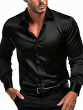 Men's Shirt Satin Shirt Button Up Shirt Casual Shirt Black White Wine Navy Blue Green Long Sleeve Plain Lapel Daily Vacation Clothing Apparel Satin Fashion Casual Comfortable