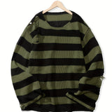 Riolio All Match Knitted Ripped Striped Sweater, Men's Casual Warm Slightly Stretch Crew Neck Pullover Sweater For Fall Winter