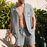 Riolio Men'S Loose Casual Cotton Linen Solid Color Shirt Shorts Suit