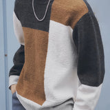 Riolio All Match Knitted Color Block Sweater, Men's Casual Warm Mid Stretch Crew Neck Pullover Sweater For Men Fall Winter