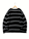 Riolio All Match Knitted Ripped Striped Sweater, Men's Casual Warm Slightly Stretch Crew Neck Pullover Sweater For Fall Winter