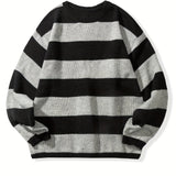 Riolio Preppy Retro Striped Pattern Knitted Sweater, Men's Casual Warm Slightly Stretch Crew Neck Pullover Sweater For Men Fall Winter