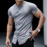 Riolio Men's Casual Slim Solid Color Short Sleeve Shirt Outdoor Fitness Sports Running Pure Cotton Stand Collar Cardigan