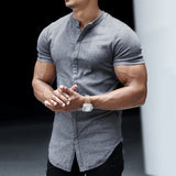 Riolio Men's Casual Slim Solid Color Short Sleeve Shirt Outdoor Fitness Sports Running Pure Cotton Stand Collar Cardigan