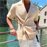 Riolio Men's Solid Color Linen Suit Lapel Lapel Short Sleeve Shirt Jacket