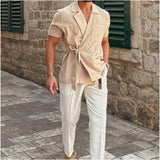 Riolio Men's Solid Color Linen Suit Lapel Lapel Short Sleeve Shirt Jacket