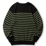 Riolio All Match Knitted Striped Sweater, Men's Casual Warm Slightly Stretch Crew Neck Pullover Sweater For Fall Winter