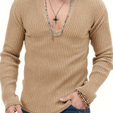 Riolio Slim Solid Knitted Sweater, Men's Casual Warm Slightly Stretch V Neck Pullover Sweater For Men Fall Winter