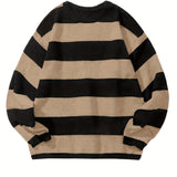 Riolio Preppy Retro Striped Pattern Knitted Sweater, Men's Casual Warm Slightly Stretch Crew Neck Pullover Sweater For Men Fall Winter