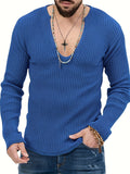 Riolio Slim Solid Knitted Sweater, Men's Casual Warm Slightly Stretch V Neck Pullover Sweater For Men Fall Winter