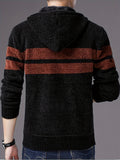 Riolio Men's Cardigan Sweater Stripe Pattern Drawstring Hooded Teddy Lined Full Zip Up Cardigan For Fall, Winter, Casual