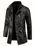 Riolio Vintage Style PU Jacket, Men's Casual Warm Fleece Zip Up Faux Leather Jacket